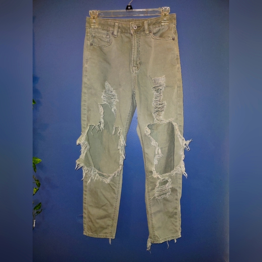 American Eagle Destroyed Olive Green Mom Jeans - Size 00